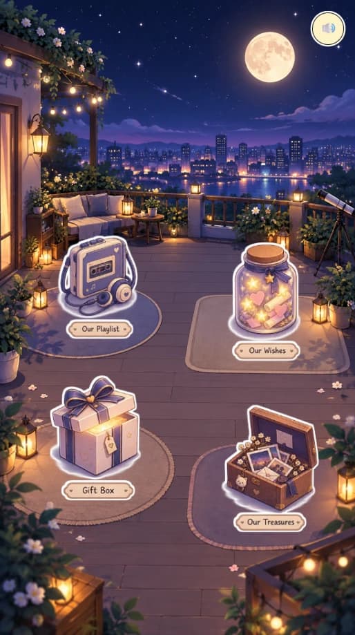 Preview template Rooftop at Night dengan empat objek interaktif